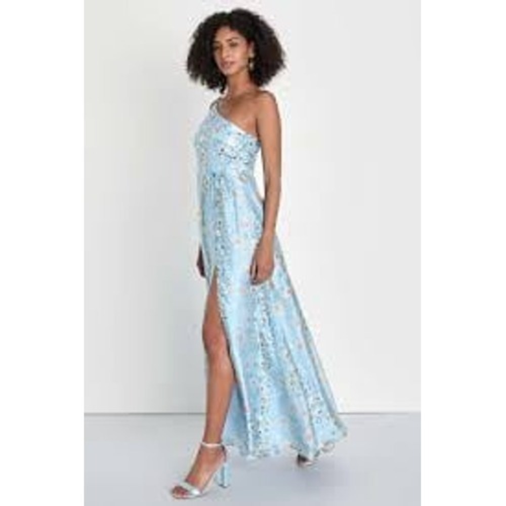 NWT Lulus Bloom Into Love Blue Floral Organza One-Shoulder Maxi Dress sz XS